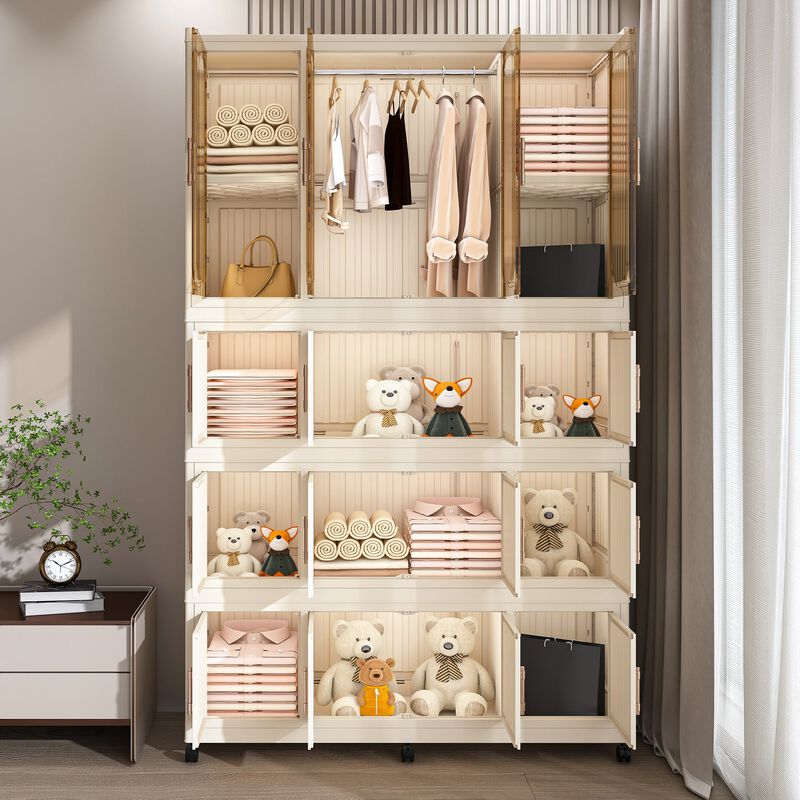 Clihome Portable Wardrobe Closet Storage Cabinet,Clothes Dresser,17 Magnetic Doors-17 Cubes & 1 Hanging Rod image number 2