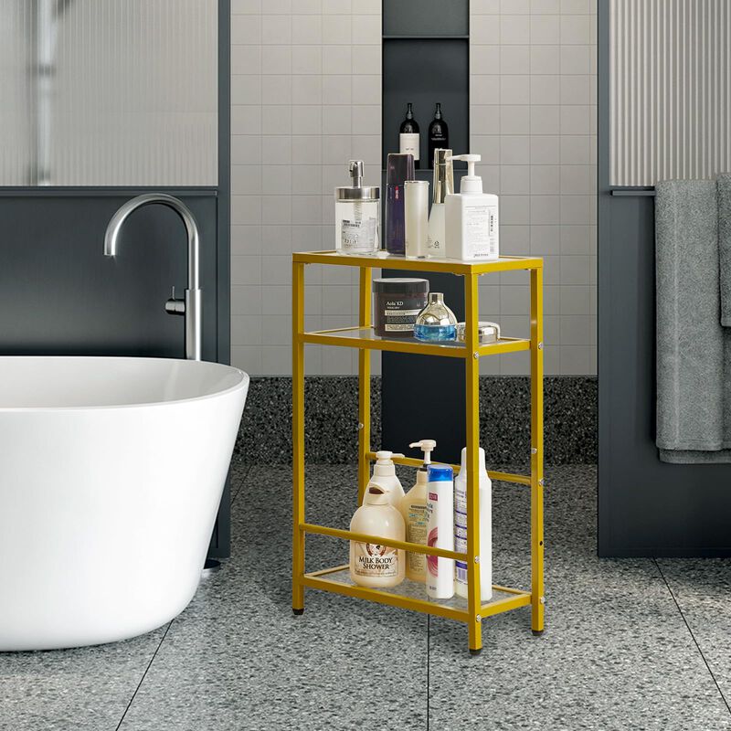 IBUYKE Glass End Table for Small Space, Narrow Side Tables with Storage Shelf, Bedside Table Slim Nightstand with Magazine Holde