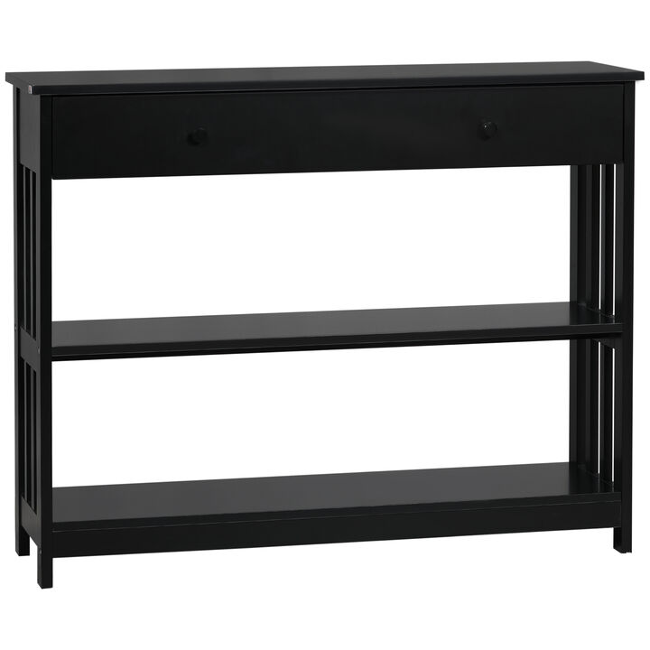HOMCOM Console Hallway Table with Extra Wide Pull Out Drawer, 2 Open Shelves and Slatted Wood Frame Design, Black