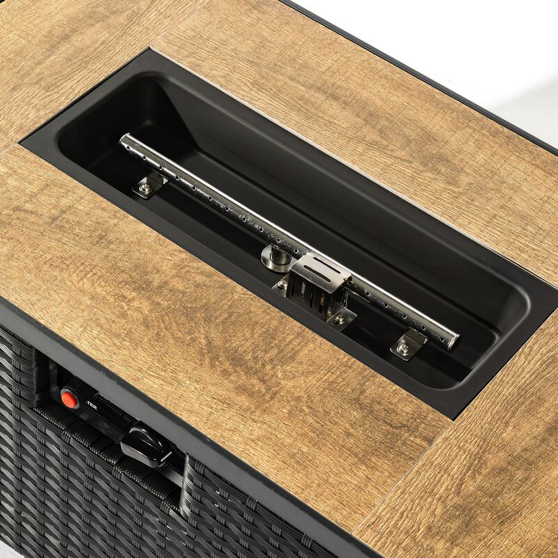 32" Propane Gas Fire Pit Table with Propane Tank Cover 2-Pieces, 50000 BTU Rectangular Steel Fire Pit with Beautiful Wicker Base for Outside Garden