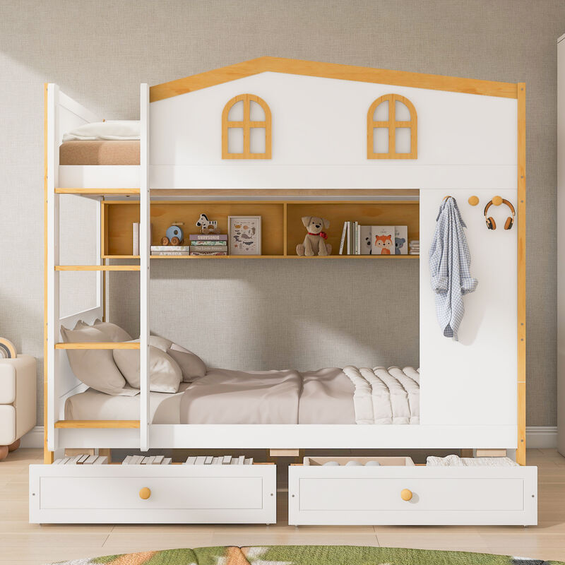 Merax House-Shaped Bunk Bed with Storage Shelves, Side Hooks & Under-Bed Drawers image number 3