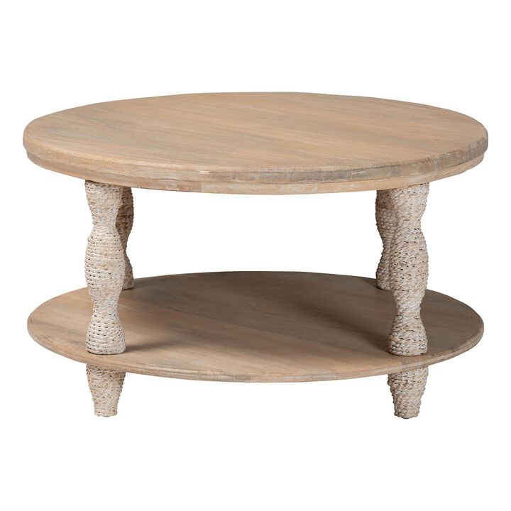 bali & pari Lejane Wood Coffee Table with Seagrass Wrapped Legs - Round Living Room Table with Open Shelf Storage