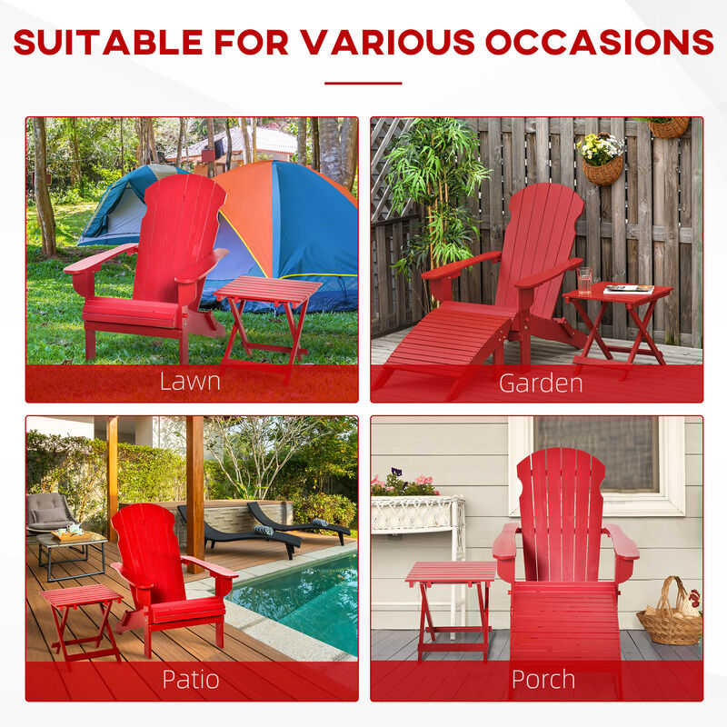 Outsunny 3-Piece Folding Adirondack Chair with Ottoman and Side Table, Outdoor Wooden Fire Pit Chairs w/ High-back, Wide Armrests for Patio, Backyard, Garden, Lawn Furniture, Red
