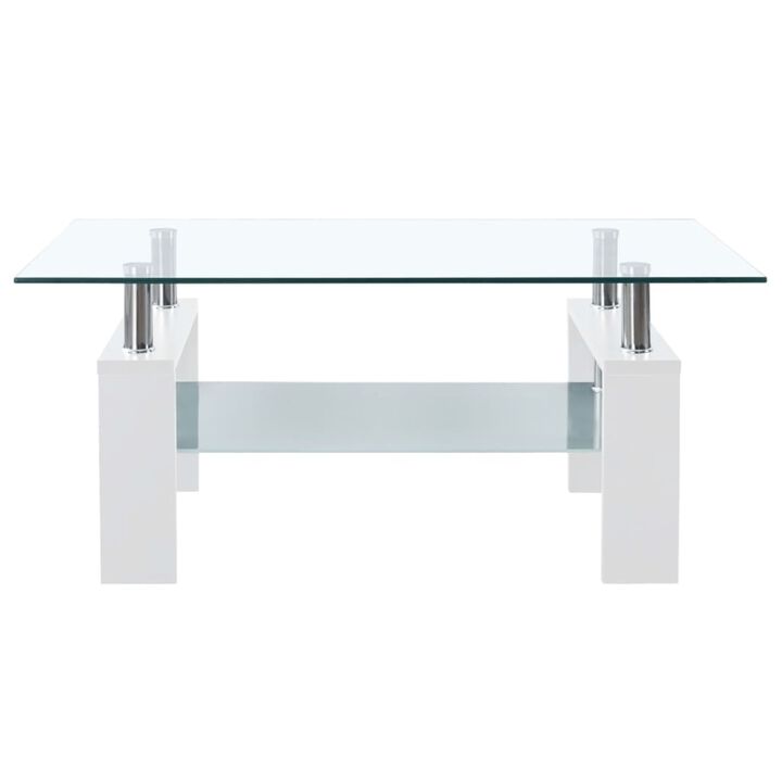 vidaXL White and Transparent Tempered Glass Coffee Table with Extra Storage, Modern Design, Safety Standard Compliance, Easy Cleaning