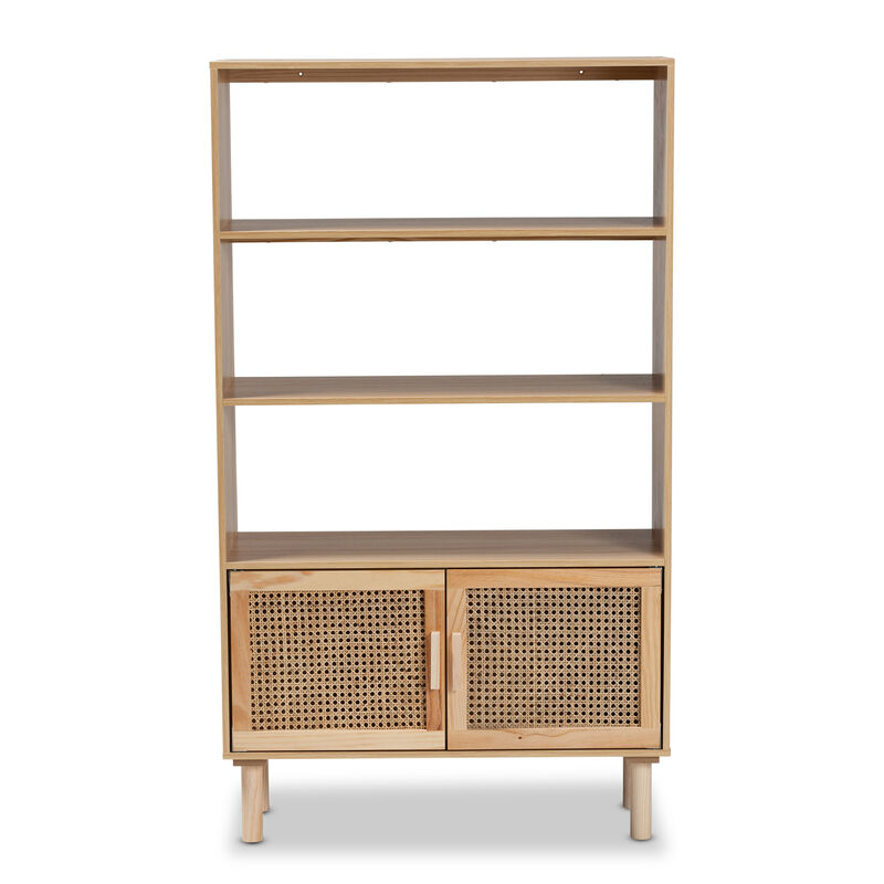 Baxton Studio Faulkner Mid Century Modern Natural Finished Wood and Rattan 2 Door Bookcase