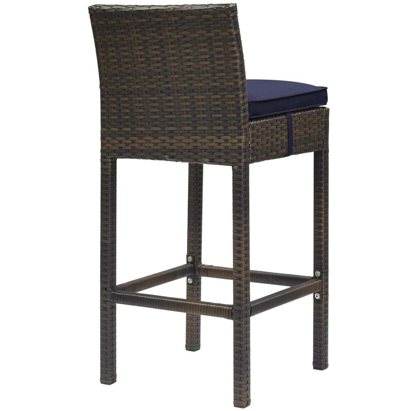 Modway Conduit Wicker Rattan Outdoor Patio Bar Stool with Cushion in Brown Navy