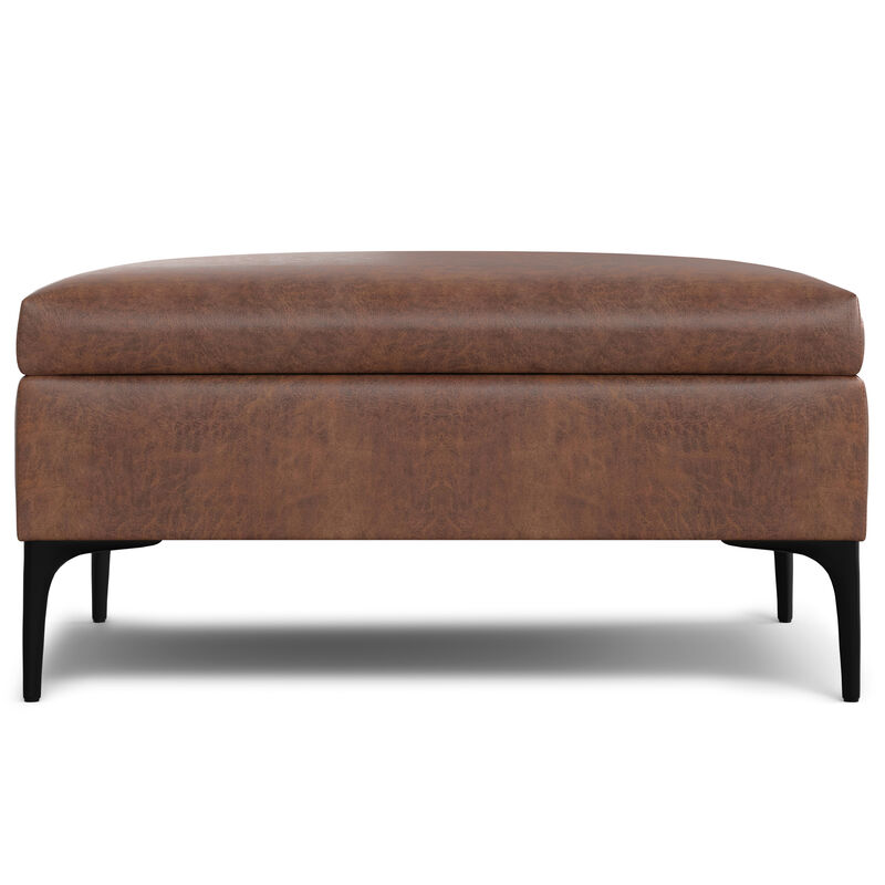 Rebecca 36 inch Wide Contemporary Square Mid Century Coffee Table Storage Ottoman with Lift Up Lid in Distressed Saddle Brown Vegan Faux Leather, Assembled