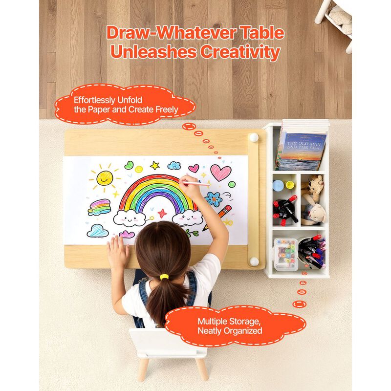 Kids Play Table with 2 Chairs and 3-Tier Storage for Art and Study Activities-White image number 6