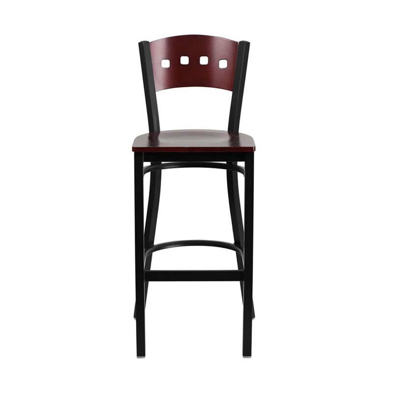 Flash Furniture HERCULES Series Black 4 Square Back Metal Restaurant Barstool - Mahogany Wood Back & Seat