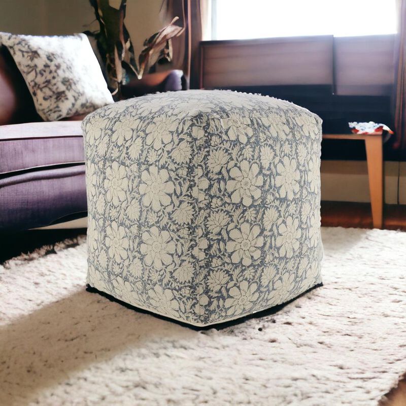 Hivvago 20 Inch Beige Cotton Abstract Pouf Ottoman