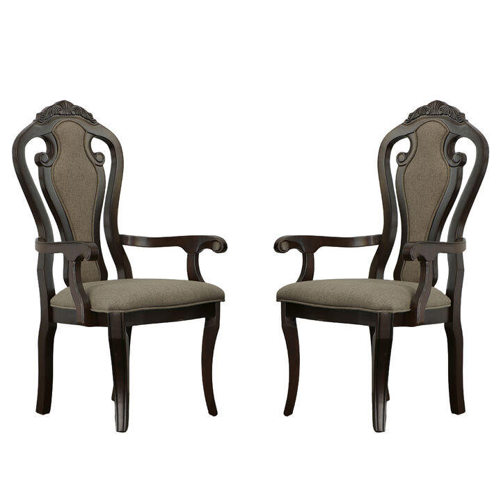 25 Inch Handcrafted Dining Armchair, Open Fiddle Back, Set of 2, Solid Wood Dark Walnut Frame-Benzara