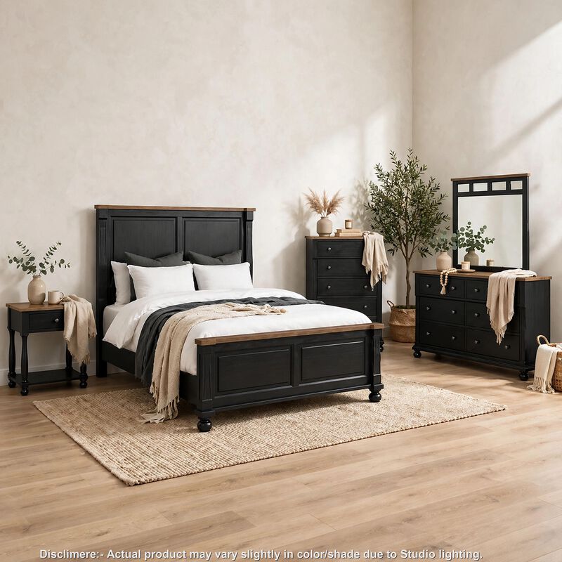 Ginie 5pc Queen Bedroom Set, USB Bedside Table, Black Rustic Oak Brown image number 6