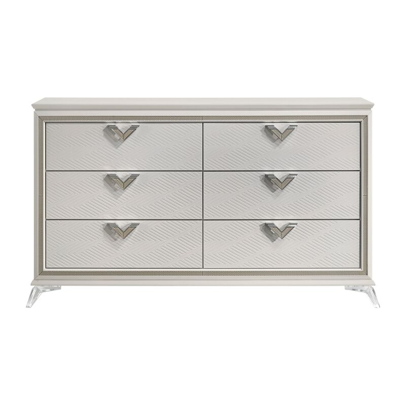Dery 65 Inch Dresser, 6 Drawers Chrome Triangle Handle, White and Gold - Benzara
