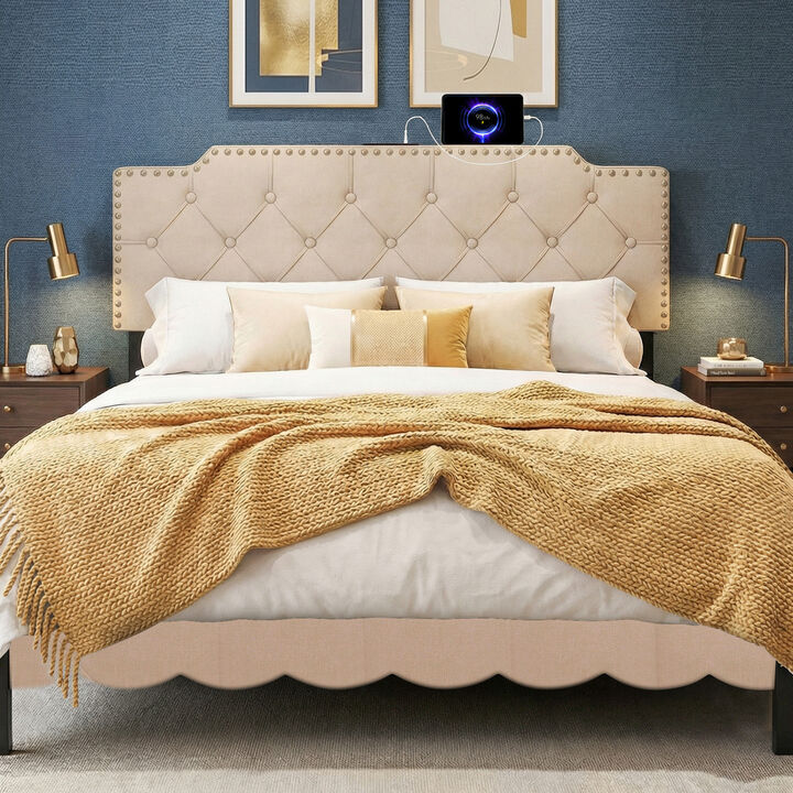 Queen Full Size Upholstered Headboard with Vertical Quilted Linen Fabric