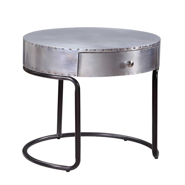 Aluminum Patchwork Wooden End Table with Metal Cantilever Base, Silver-Benzara