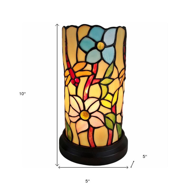 Hivvago 10" Red and Beige Dragonfly Stained Glass Accent Lamp