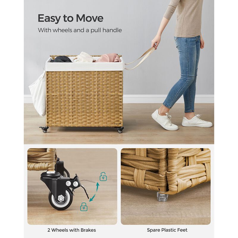 Handwoven 160L Rattan-Style Laundry Hamper with 3 Compartments and Removable Liner