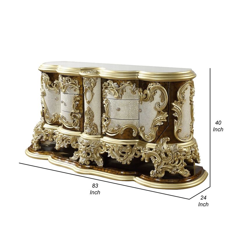 Mara Wide Dresser Chest with 6 Drawers and 2 Doors, Gold, Brown Wood - Benzara image number 4