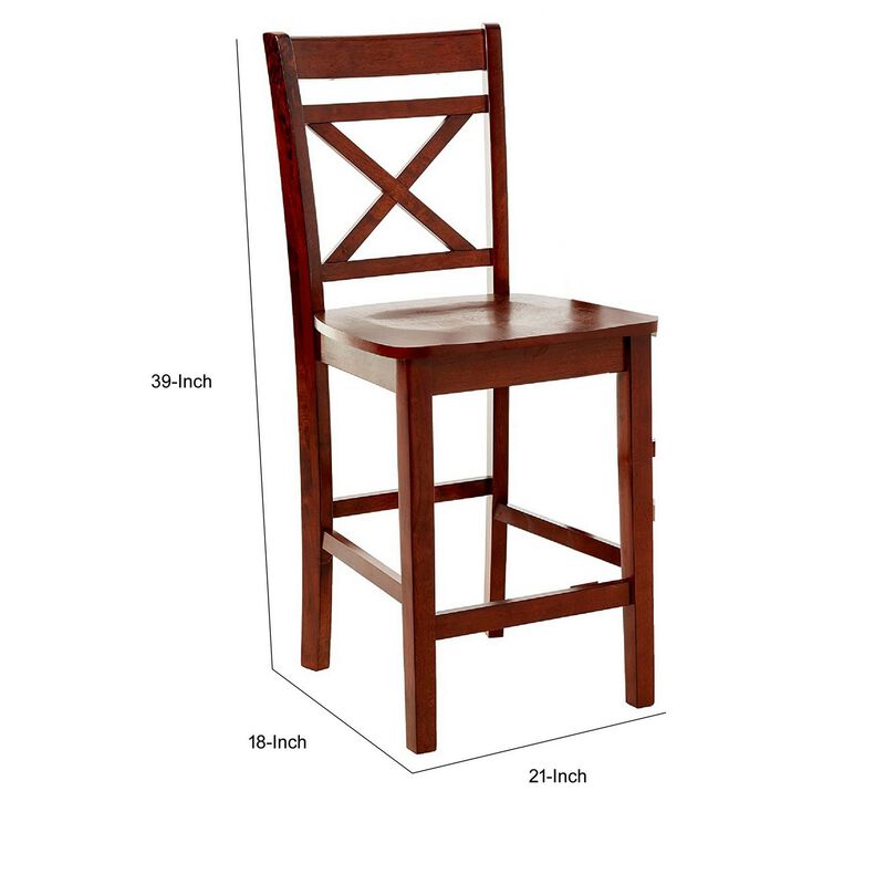 Wooden Counter Height Chair with Cross Back, Set of 2, Cherry Brown-Benzara