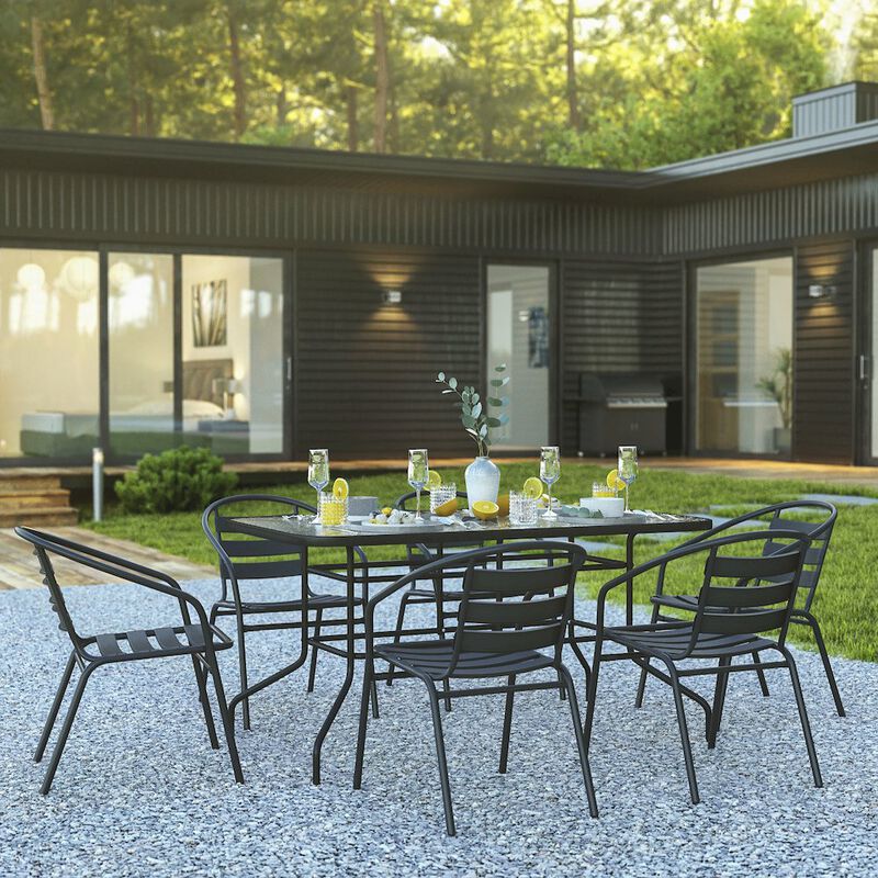 Flash Furniture 7 Piece Set - 55" Tempered Glass Patio Table, 6 Black Metal Chairs image number 8