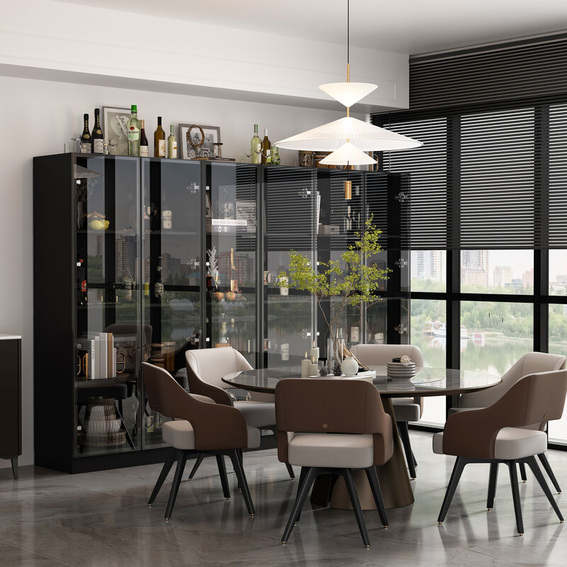 FUFU&GAGA Wood Storage Cabinet Display Cabinet with Tempered Glass Doors, 3-Color LED Lights, and Aluminum Framed, (94.5" L x 15.7" W x 63" H), Black