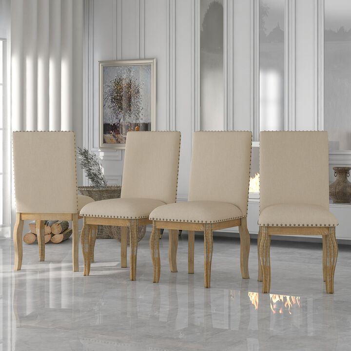 Set of 4 Dining chairs Wood Upholstered Fabirc Dining Room Chairs with Nailhead (Natural Wood Wash)