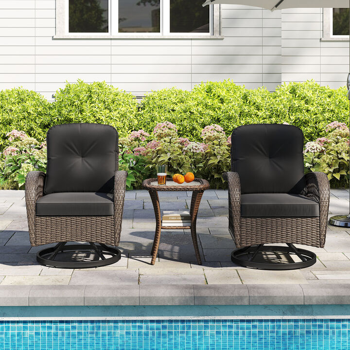 3 Piece Patio Swivel Rocker Set with Tempered Glass Side Table and Thick Cushions