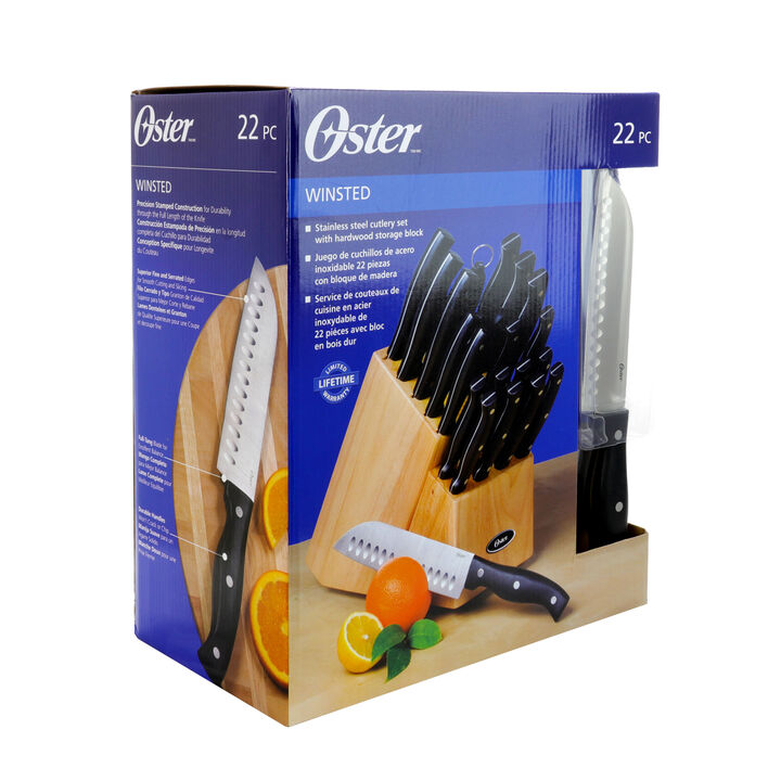 Oster Winstead 22 Piece Stainless Steel Cutlery Set with Black Handles and Wooden Block