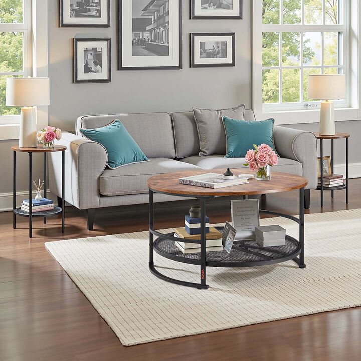 Industrial 3 Piece Coffee Table Set Round Center Table with 2 End Tables for Living Room-Brown