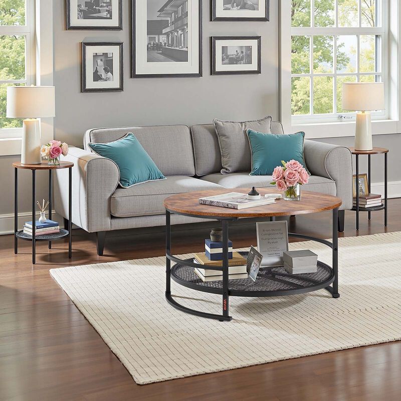 Industrial 3 Piece Coffee Table Set Round Center Table with 2 End Tables for Living Room-Brown image number 1
