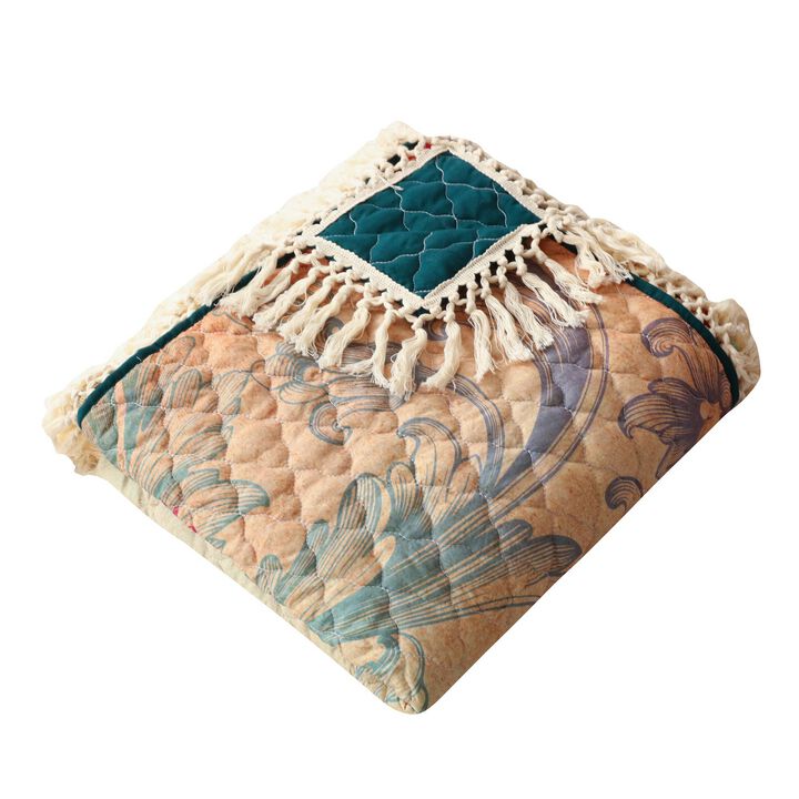 Ufa 60 Inch Quilted Throw Blanket, Blue Microfiber, Peacock, Floral Design-Benzara