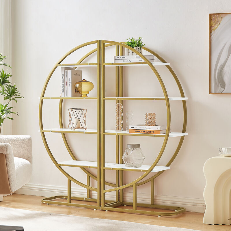 4 Tiers Home Office Open Bookshelf, Round Shaped, Different Placement Ways, MDF Board, Gold Metal Frame, White