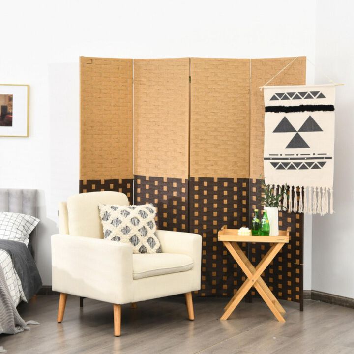 Hivvago 4 Panel Portable Folding Hand-Woven Wall Divider Suitable for Home Office-Brown