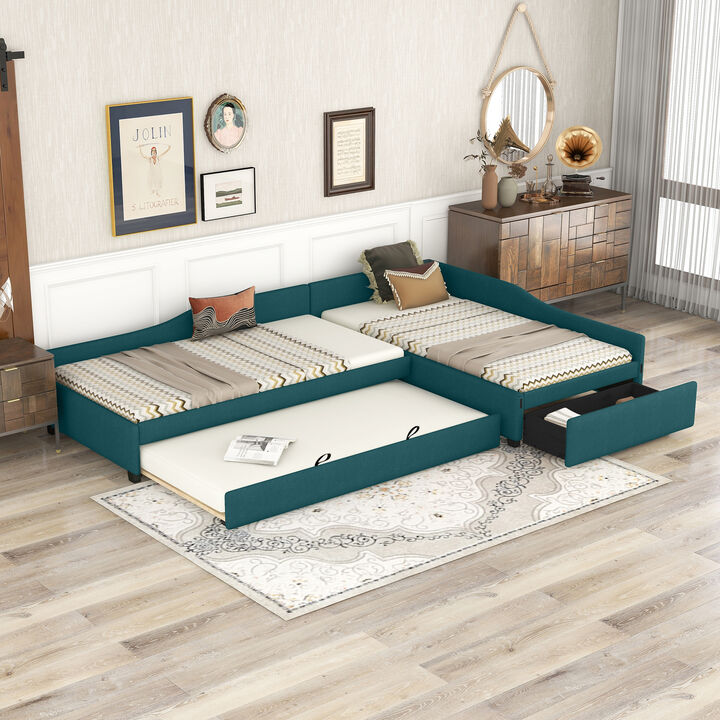 Whisen 120" Double Twin Size Daybed with Trundle and Drawer, Plywood Frame Upholstered Sofa Bed for Living Room