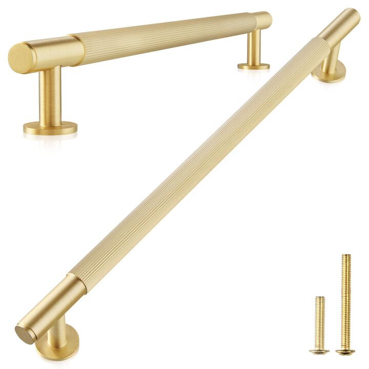 QOGRISUN 2-Pack Solid Brass Cabinet Pulls,Grooved Gold Bar Handles, 10-Inch Hole Center for Kitchen Drawer Dresser Cupboard, 11.