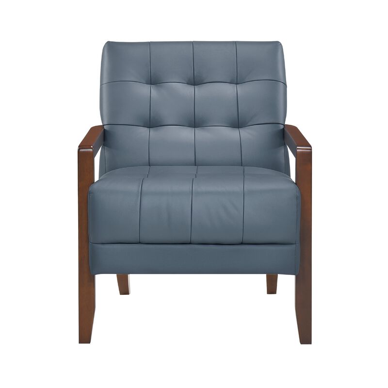 Lenie Accent Armchair, Button Tufted Blue Leather, Walnut Brown Wood