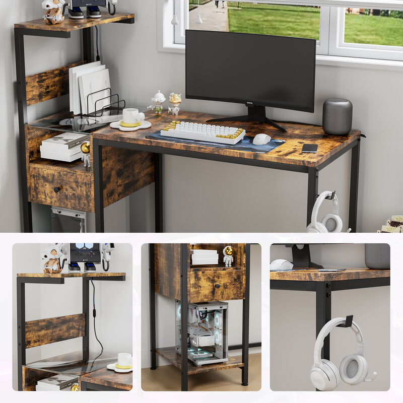 Computer Desk with Power Outlets & LED Lights, 48" Gaming Desk with Storage Shelves & USB Charging Station, Reversible Home Office Desk
