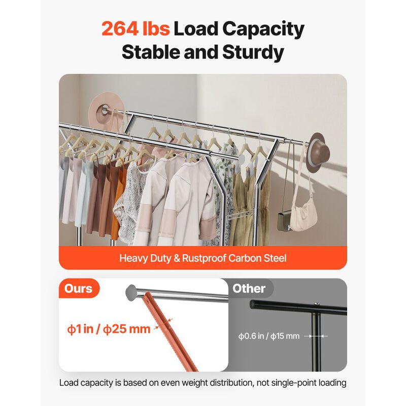 Heavy Duty Clothing Rack with Wheels 2 Hanging Rods and Storage Shelves image number 6