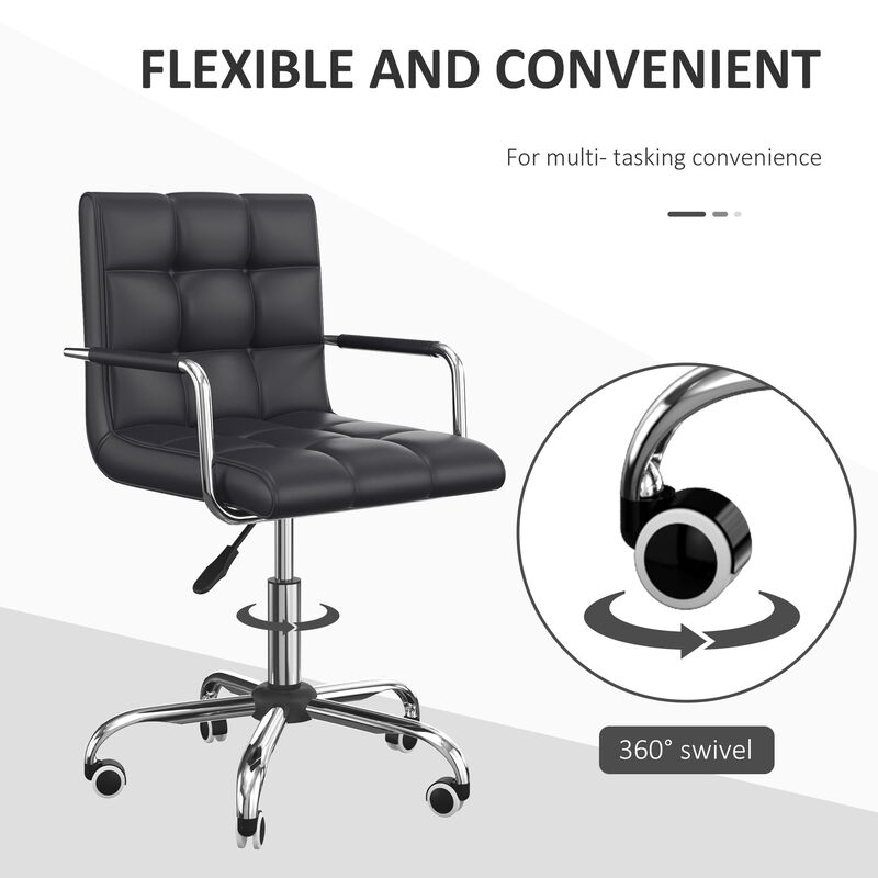 Ergonomic Task Seat: Black PU Leather Mid-Back Office Chair on Wheels