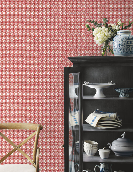 Daisy Gingham Red Floral Check Premium Peel + Stick Wallpaper