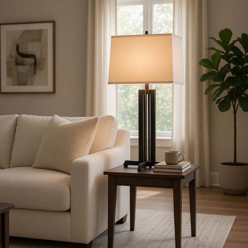 Liam Table Lamp, Gray Drum Shade, 30 Inch Oil Rubbed Black Footed Base image number 1