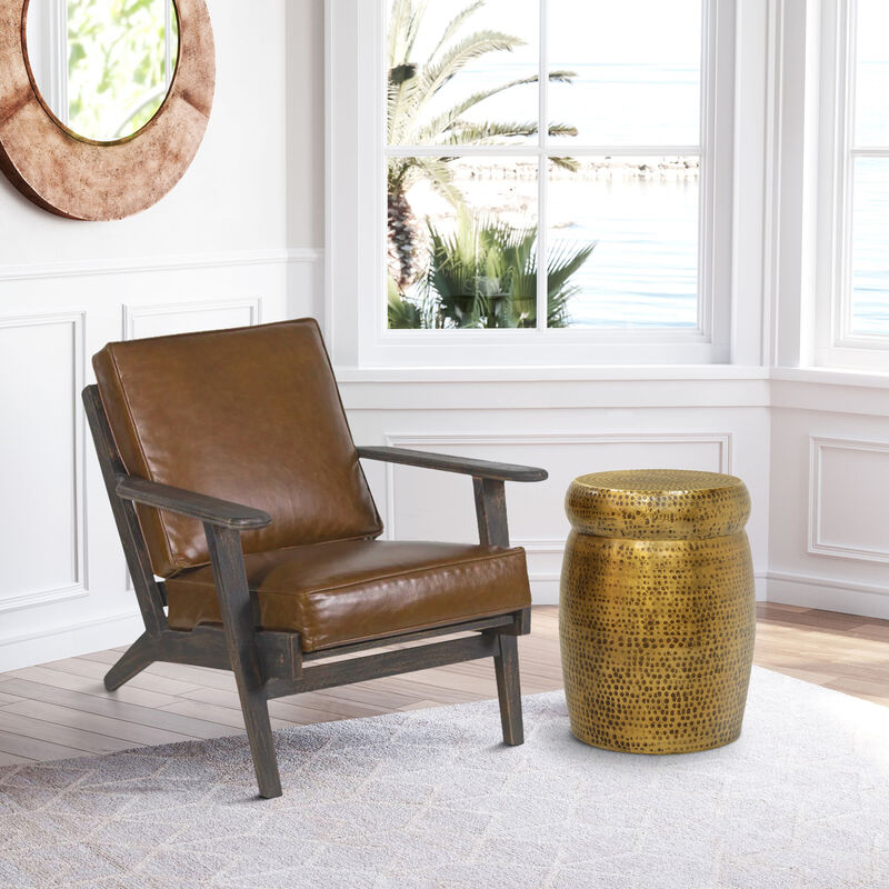 Kvira 21" Round Drum Side End Table | Artisan Hammered Embossed Texture | Antique Gold Brass Finish