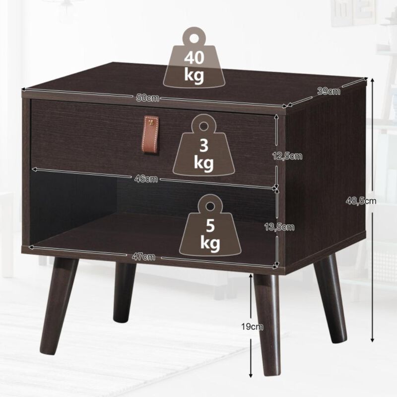 Hivvago Nightstand Bedroom Table with Drawer Storage Shelf-Brown