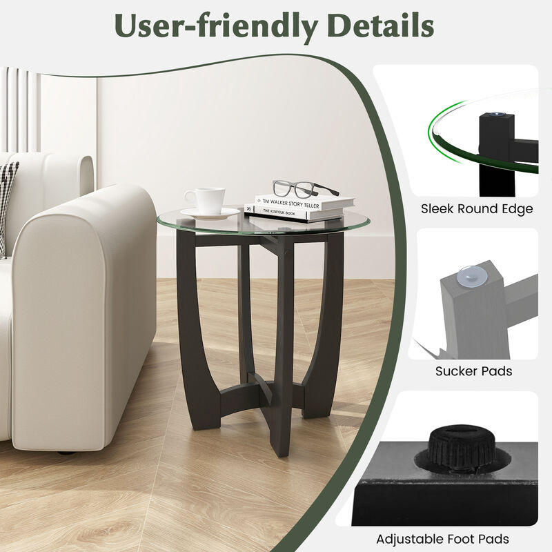 Round End Side Table with Tempered Glass Top for Living Room or Bedroom