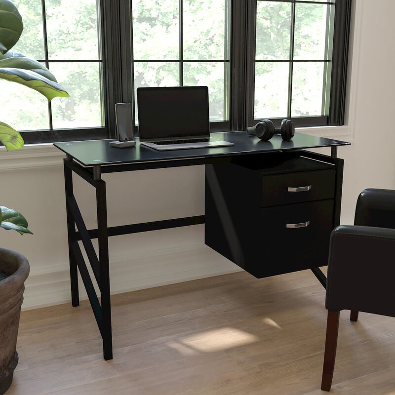 Flash Furniture Glass Desk with Two Drawer Pedestal image number 4