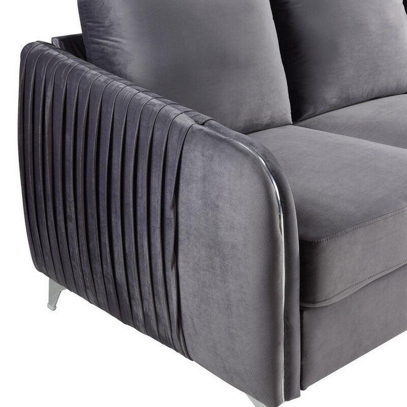 Leah 32 Inch Modern Accent Armchair, Vertical Quilted Design, Gray Velvet-Benzara
