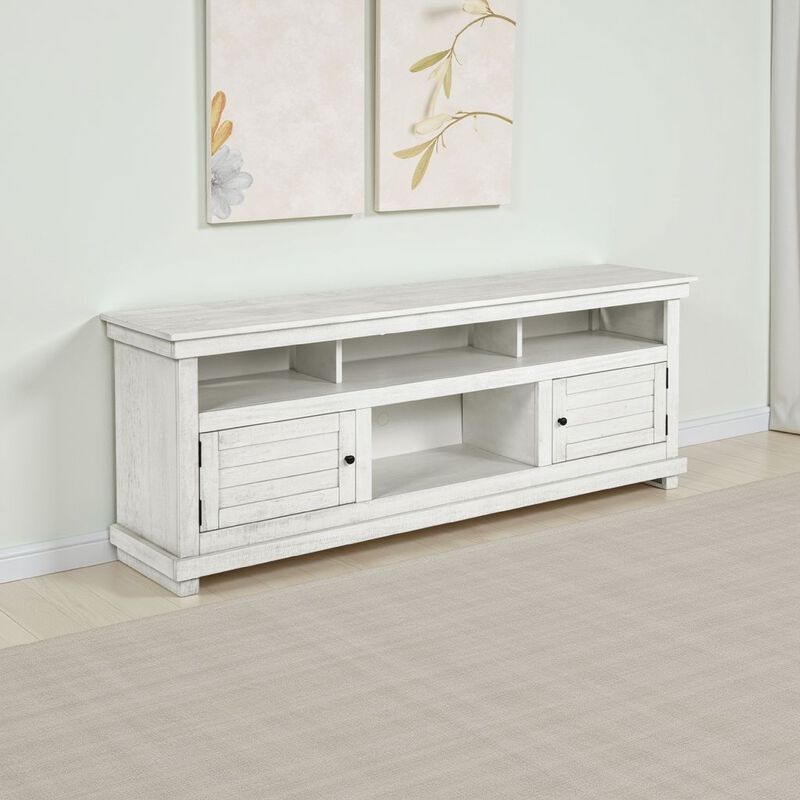 Ayne TV Stand Media Cabinet, 2 Doors and 4 Shelves, White Wood 70 Inch - Benzara