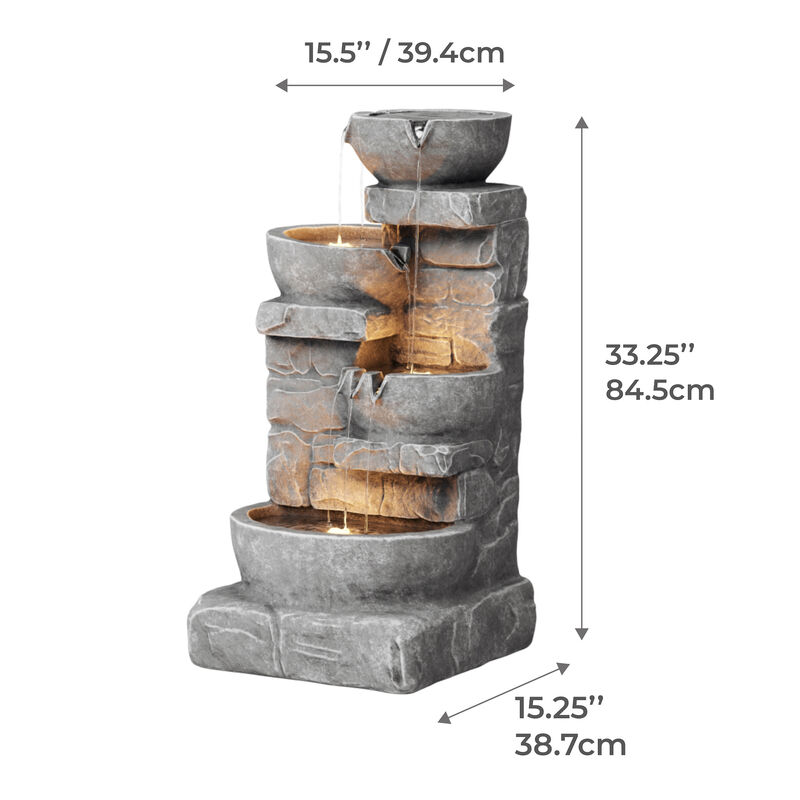 Cascading Bowls & Stacked Stones LED Outdoor Water Fountain image number 7