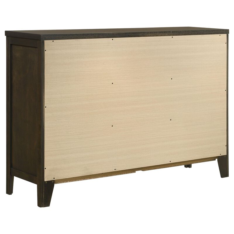 Wily Wide Dresser, Dark Brown Wood, 6 Drawers with Round Nickel Knobs - Benzara