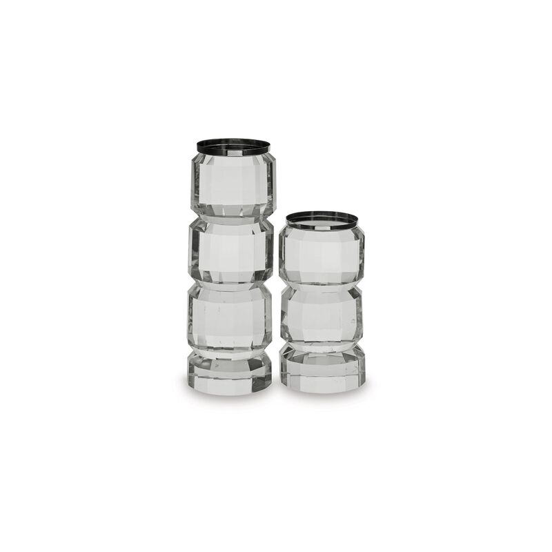 Meru Candle Holder Set of 2, Crystal and Silver Glass Stacked Pillar image number 2